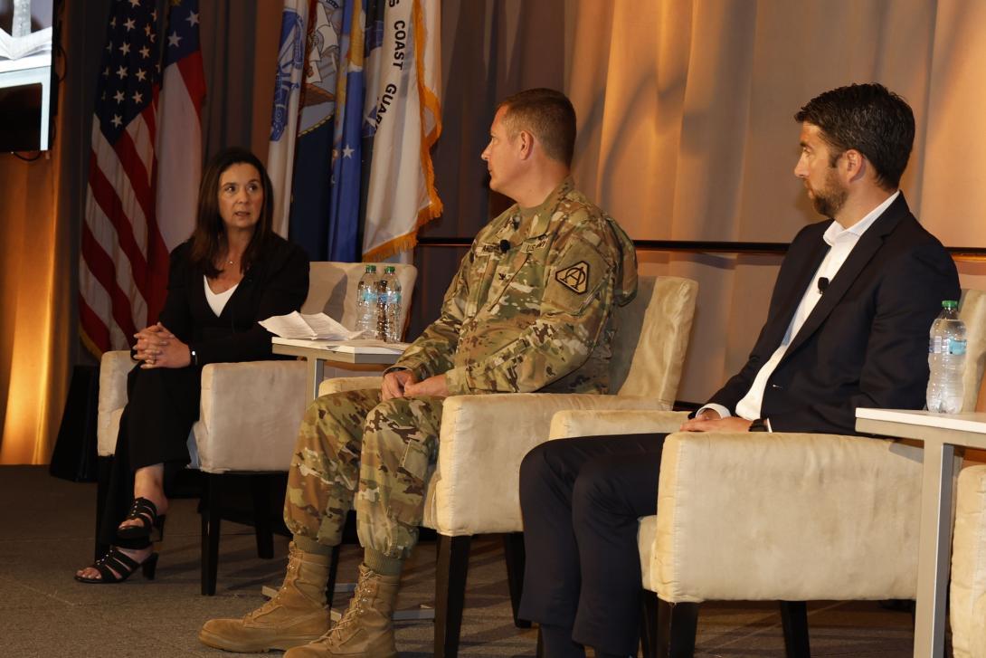 Jennifer Swanson, deputy assistant secretary of the Army for data, engineering and software, seen here participating in AFCEA International’s TechNet Augusta conference in Augusta, Georgia, in August, has announced an Army pilot program to use a generative artificial intelligence tool known as #CalibrateAI to improve acquisition processes.
