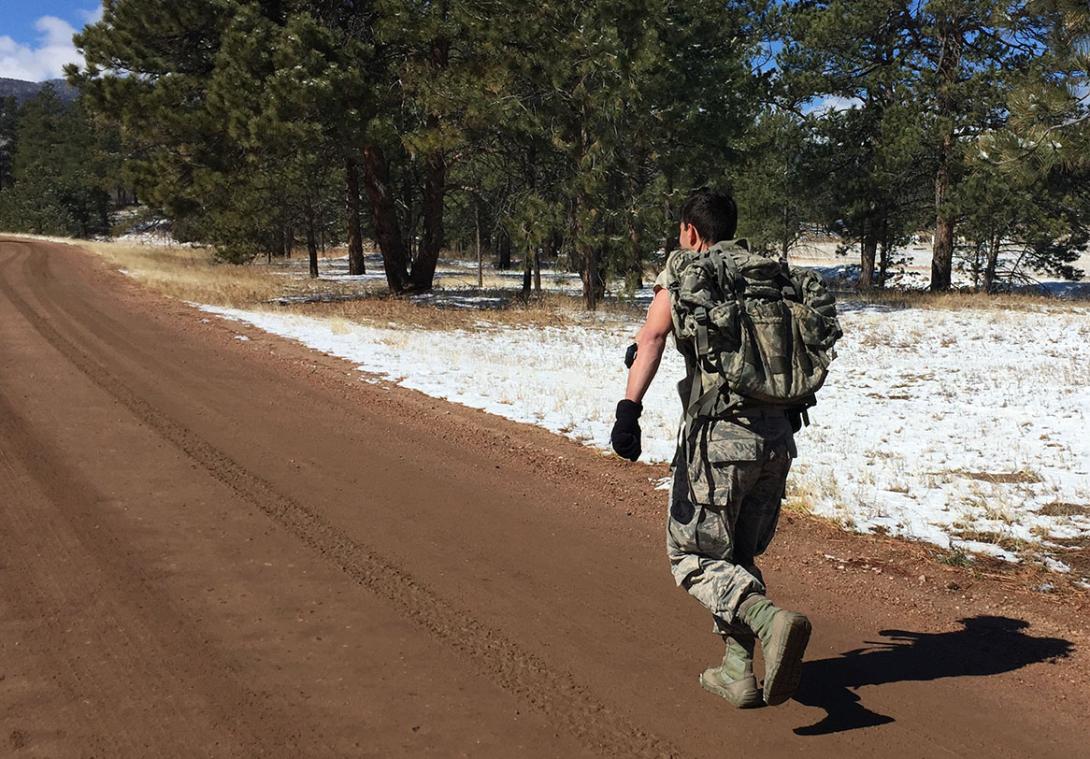 A field tester wears sensors during a ruck march as part of field testing of a wearable patch to measure electrolyte levels in sweat. Credit: GE Global Research.