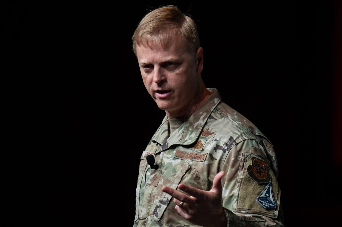 Brig. Gen. Luke Cropsey, shown at the July 2024 Annual Life Cycle Industry Days, has been nominated for the rank of lieutenant general, and is slated to lead the Air Force’s new Information Dominance Systems Center. Credit: U.S. Air Force photo by Jim Varhegyi 
