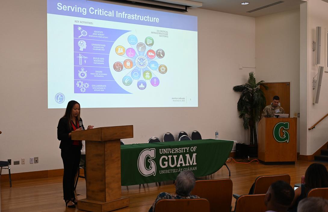 CISA advisor Jennilyn LaBrunda discusses island-wide cybersecurity defenses in Guam. Credit: Senior Airman Akeem K. Campbell, U.S. Air Force