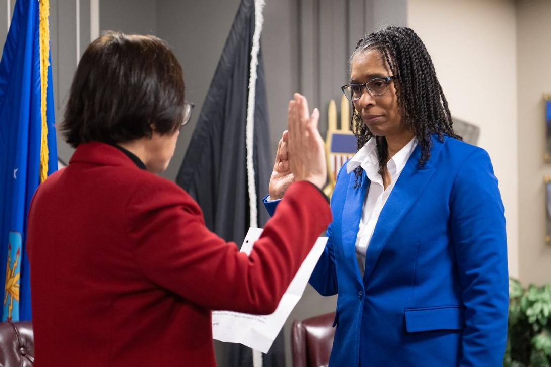 U.S. Undersecretary of Defense for Research and Engineering Heidi Shyu administers the oath-of-office at the Pentagon March 29, 2024, to Aprille Ericsson, the Defense Department’s first assistant secretary of defense for science and technology.