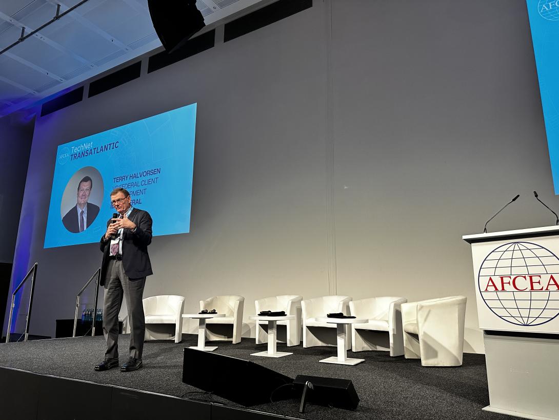 Terry Halvorsen, former chief information officer of the Department of the Navy, speaks to European officials at AFCEA’s TechNet Transatlantic conference in Frankfurt.