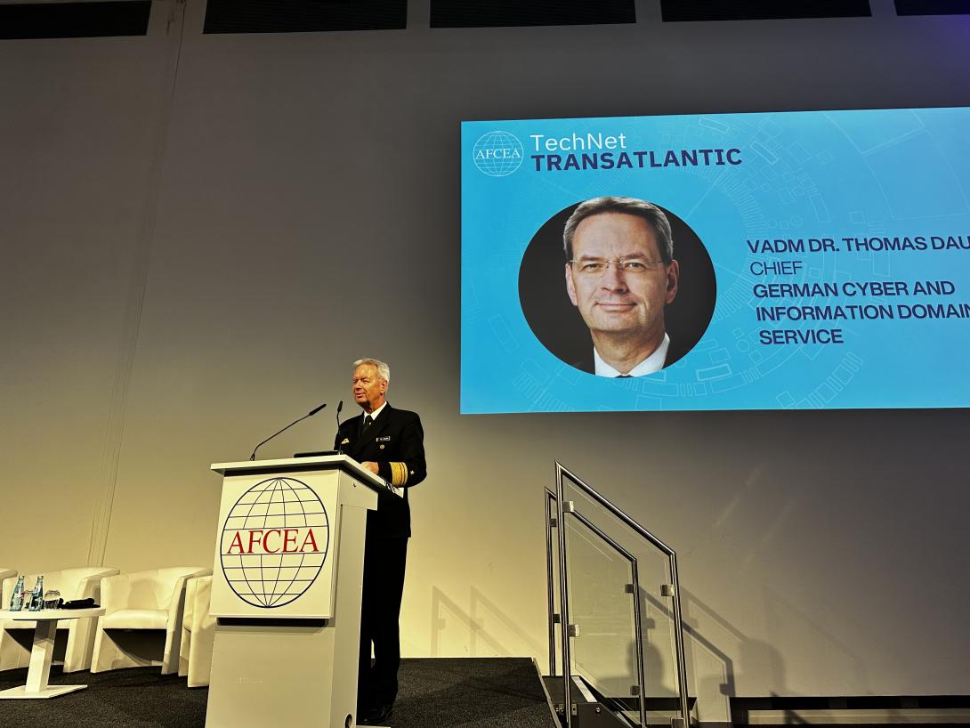 VADM Thomas Daum provides a keynote presentation to attendees in Frankfurt at AFCEA’s TechNet Transatlantic conference on December 5.