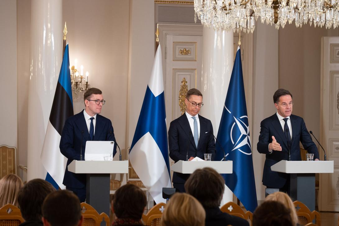 Prime Minister of Estonia Kristen Michal (l-r), President of Finland Alexander Stubb and NATO Secretary General Mark Rutte addressed the need for critical infrastructure security in the Baltic Sea during a joint press conference January 14, 2025.