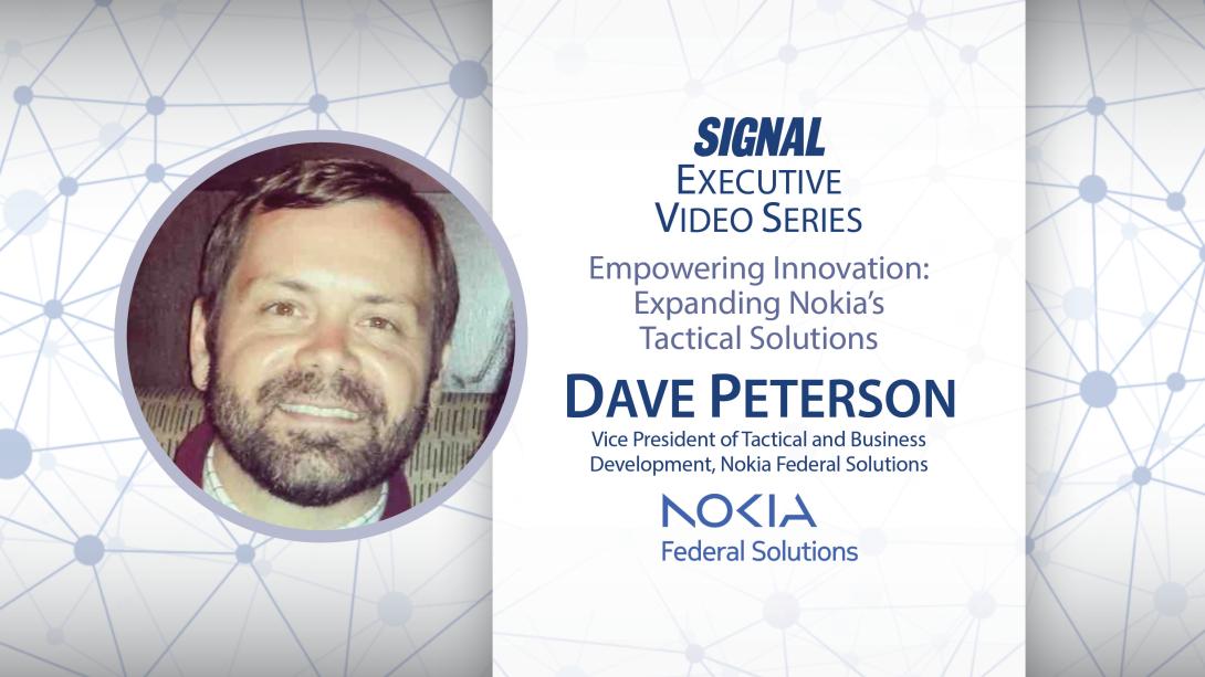 Dave Peterson, vice president of tactical and business development for Nokia, introduces the new flexible-band, agile, private tactical network that assists warfighter communications.