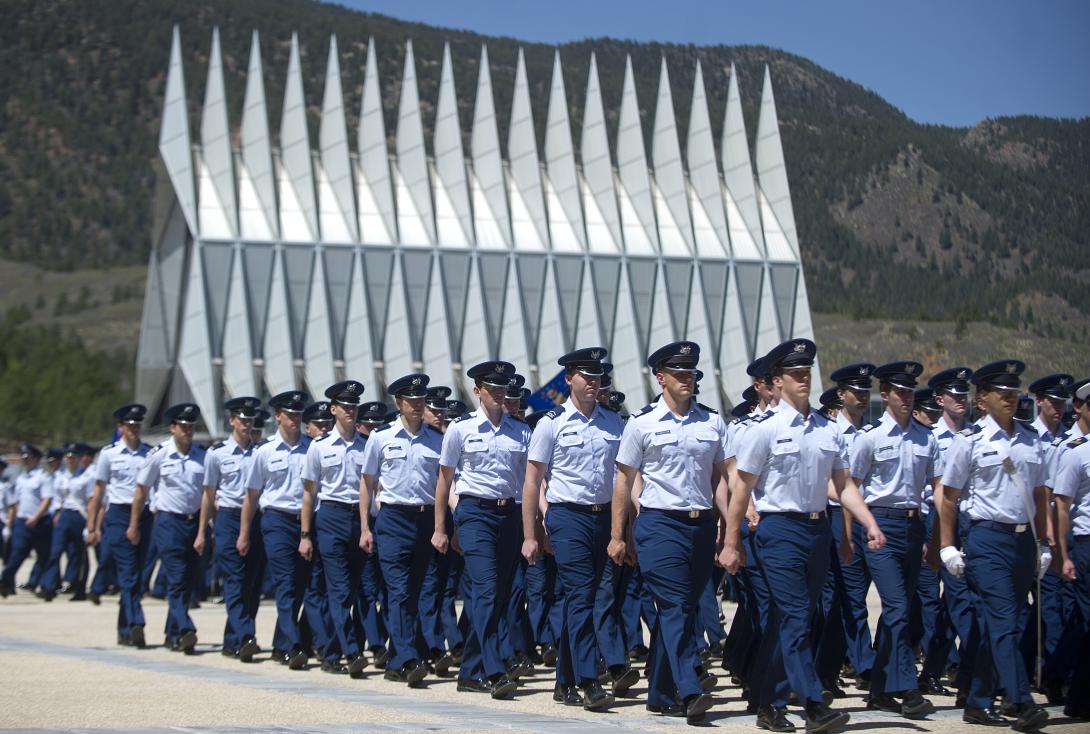 U.S. Air Force Academy is making sure cadets have a foundational cyber knowledge for the future. Pictured: Cadets march across campus to lunch in 2012. Credit: Myles Cullen