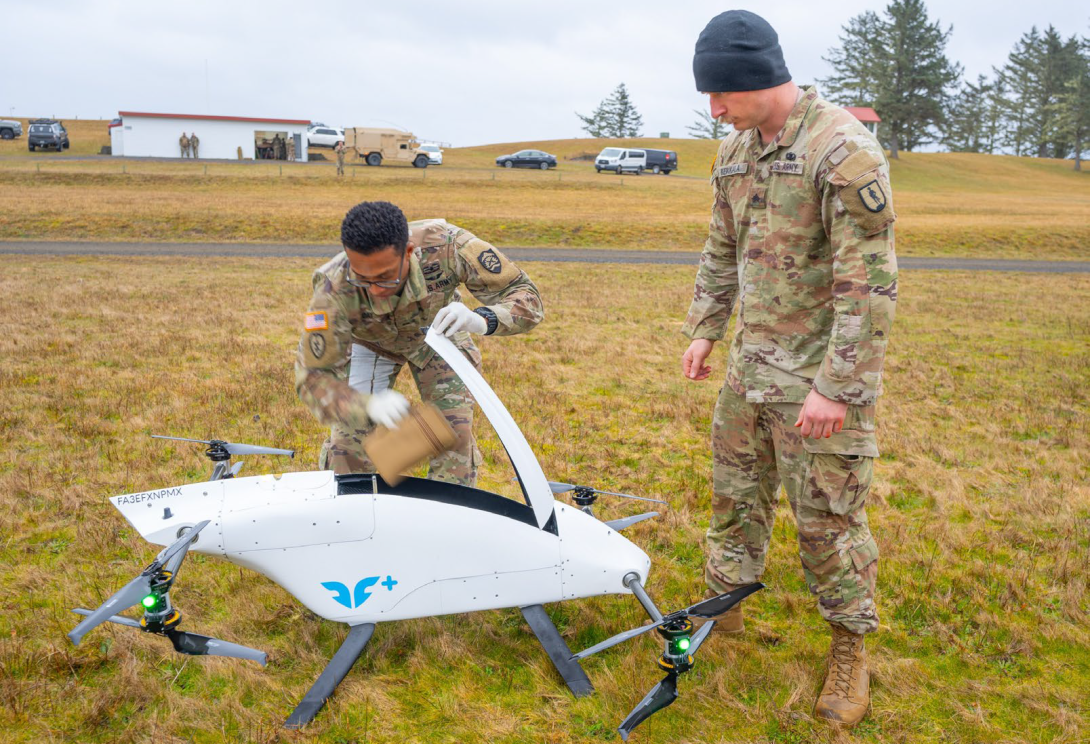 Army officials experiment with the blueflite drone. Photo credit: Maj. Wayne Clyne, Oregon National Guard Public Affairs