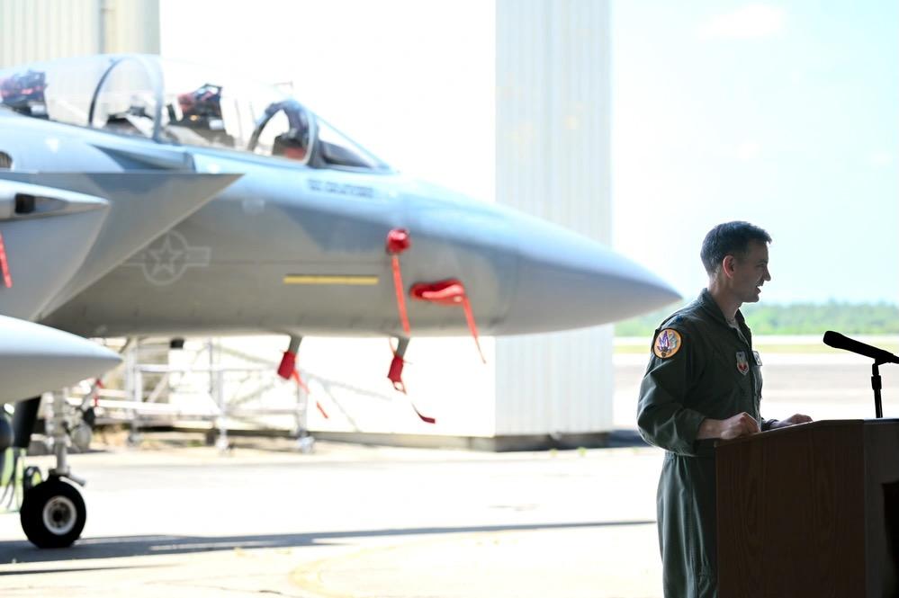 U.S. Air Force Lt. Col. Luke Marron, the new commander of the 23d Electronic Warfare Squadron, which was reactivated on April 18, speaks at the reactivation ceremony that was held that day at Eglin Air Force Base, Florida, about the important mission of the squadron. Credit: U.S. Air Force photo by Capt. Benjamin Aronson