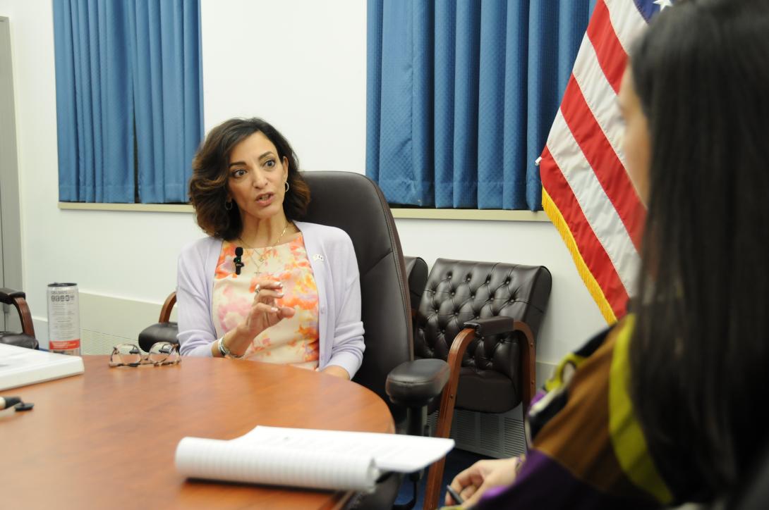 Katie Arrington, performing the duties of chief information officer at the Department of Defense, being interviewed by SIGNAL Media. Photo by SIGNAL Media.