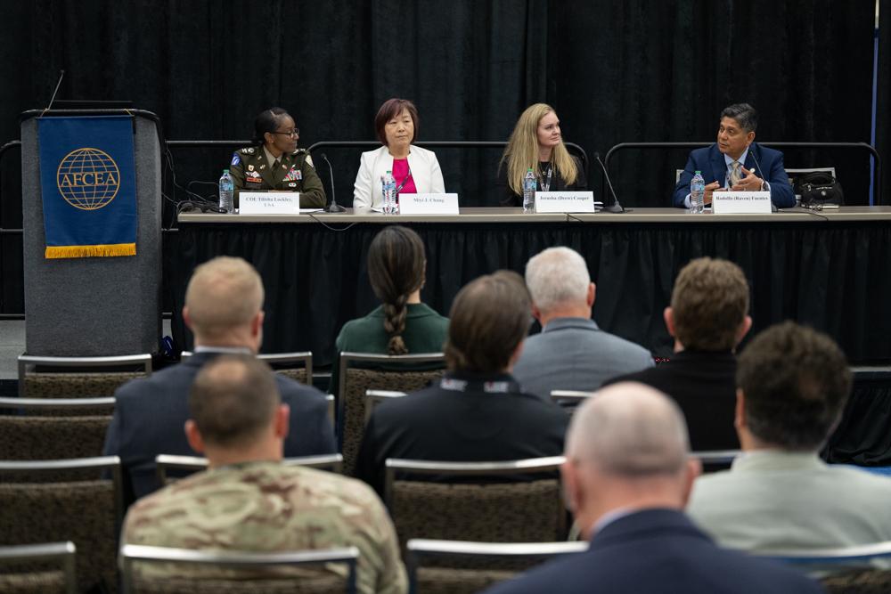Left to right: Col. Tilisha Lockley, USA, Miyi Chung, Jerusha Cooper and Rodolfo Fuentes speak at TechNet Cyber 2025. Photo by David Abizaid, courtesy of DISA.