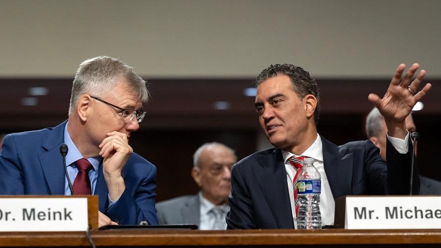 Emil G. Michael (r), speaks to Troy Meink, who became the Secretary of the Air Force, during their March 27 nomination hearing before the Senate Armed Services Committee. Credit: DOD photo by EJ Hersom
