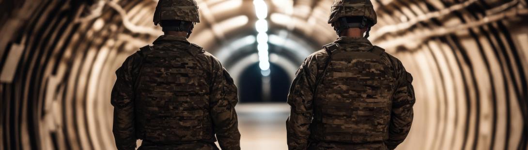 Soldiers standing near a nuclear missile silo deep underground. By: Photo18@desing. Generated with AI.