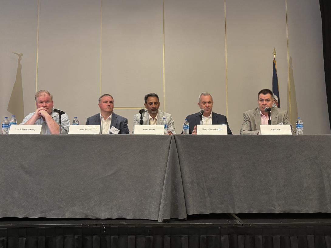 Mark Montgomery (far l) moderates, as panelists (l-r) Travis Rosiek, Ram Shetty, Henry Sienkiewicz and Jim Smid discussCybersecurity and Data Management - Resilient Cybersecurity Architectures on the second day of TechNet Emergence 2025 in Reston, Virginia. 