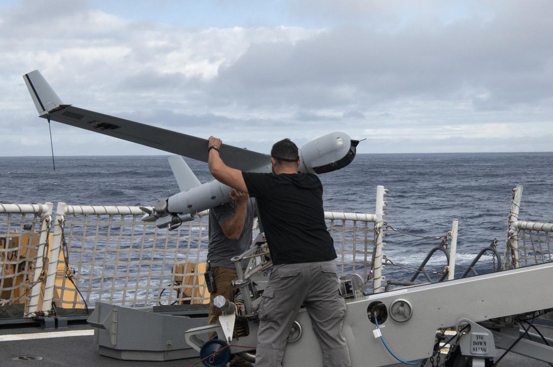 Image caption: ScanEagle UAS crew prepares to launch a drone in flight training exercises on NSC Hamilton, October, 2022. U.S. Coast Guard photo by Petty Officer 3rd Class Alejandro Rivera