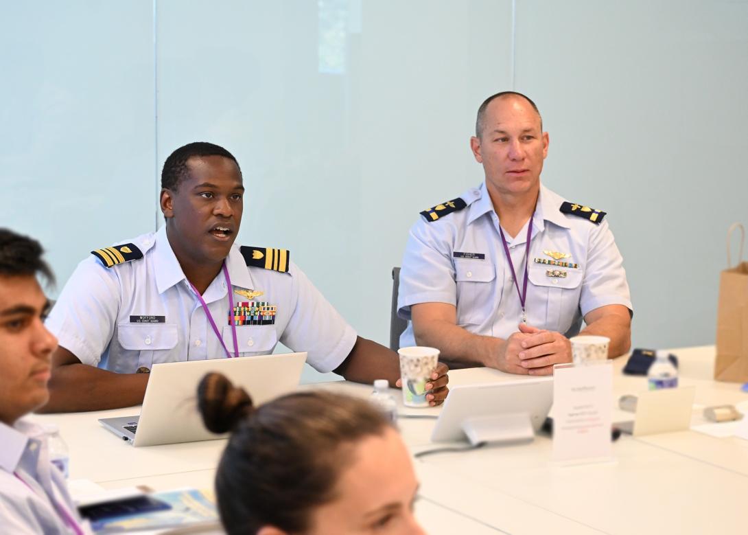 U.S. Coast Guard leadership speaks with the Coast Guard interns at NobleReach Foundation headquarters. Credit: NobleReach Foundation
