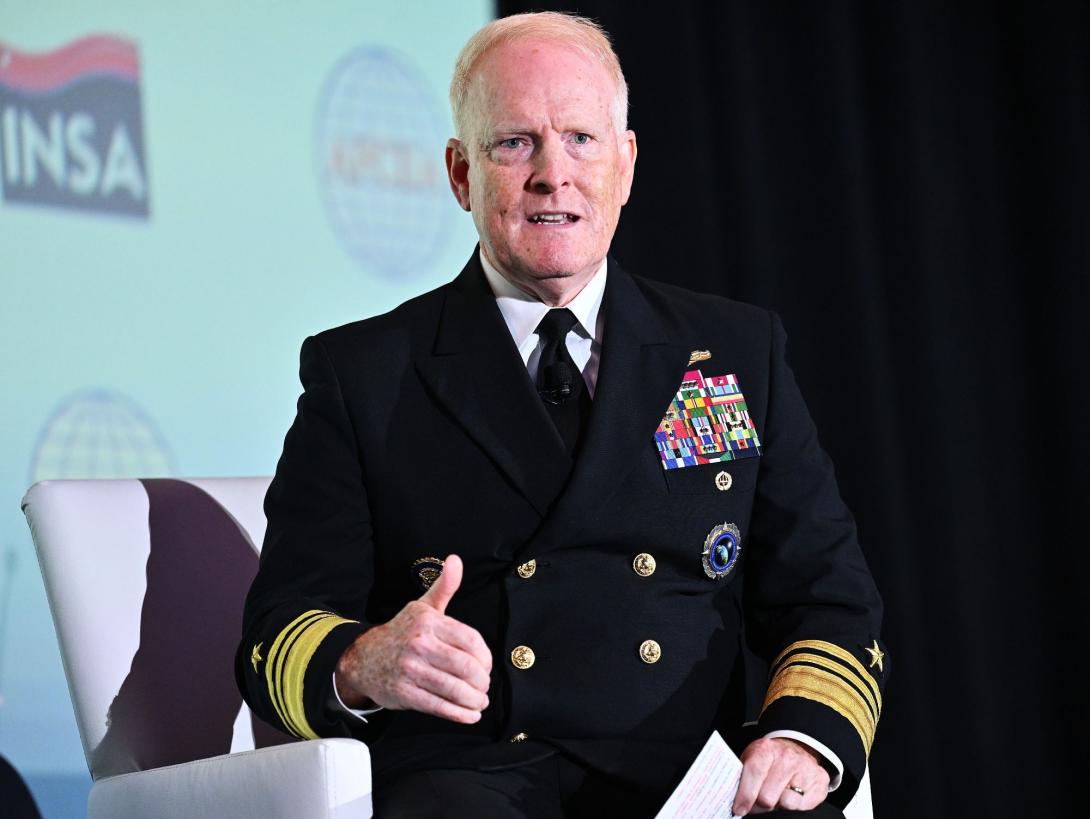 Vice Adm. Frank Whitworth, USN, director of the NGA, speaks at the 2025 Intelligence & National Security Summit. Credit: Herman Farrer Photography