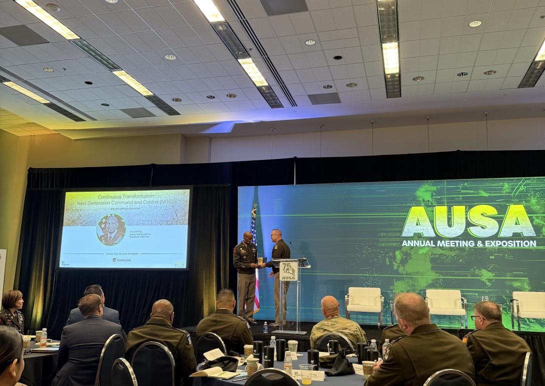 Lt. Gen. Jeth Rey on stage at the 2025 Association of the U.S. Army’s Annual Meeting & Exposition held in Washington, D.C.