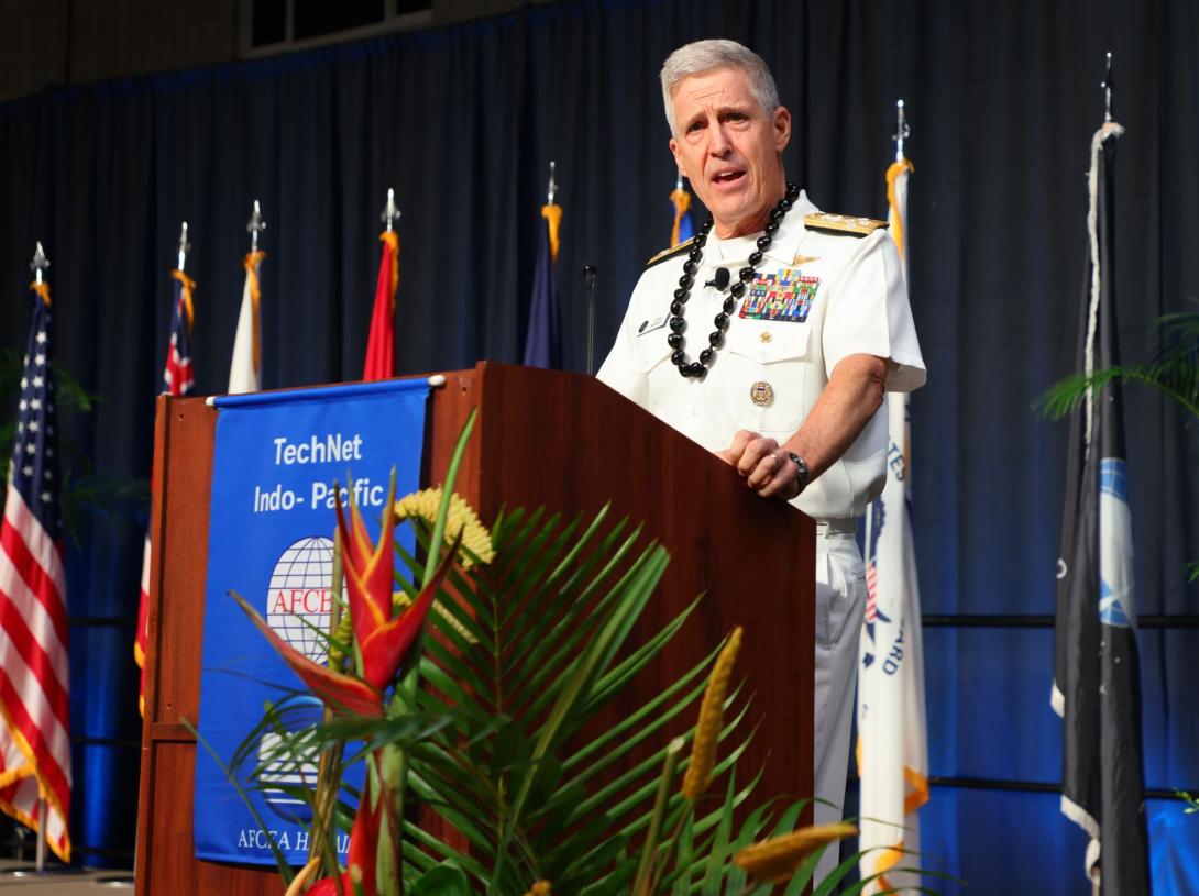 Adm. Stephen Koehler, commander, U.S. Pacific Fleet, speaks at TechNet Indo-Pacific 2025 in Honolulu. Credit: Artistic Mindz Photography 