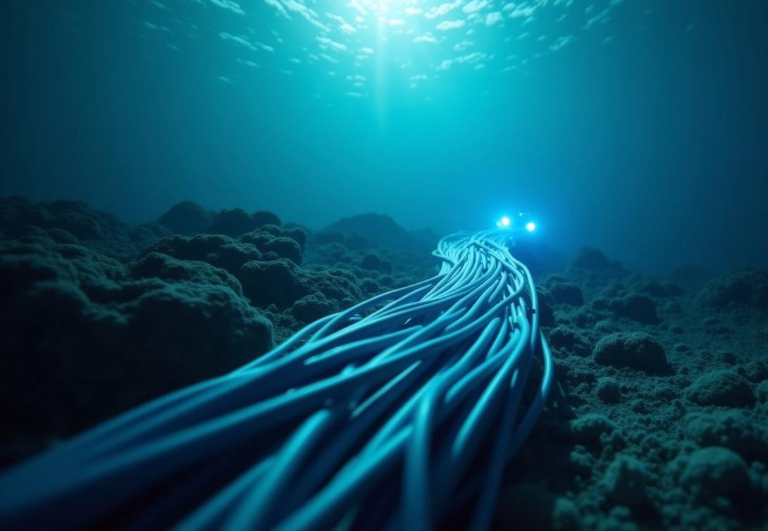 Autonomous underwater robot inspects a subsea fiber optic cable. Credit: OKA-stock.adobe.com generated by AI