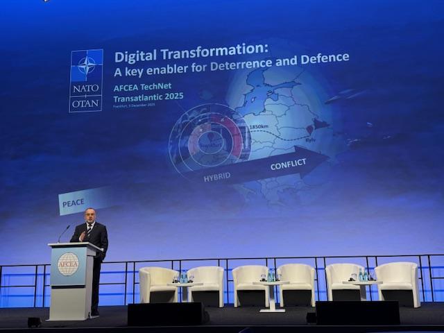 Gernot Friedrich, head of Interoperability and Standardization at NATO headquarters, speaks at TechNet Transatlantic in Frankfurt, Germany.