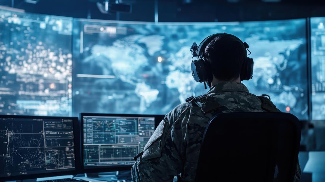 Military personnel monitors data in a high-tech command center with multiple screens. Credit: artbot-stock.adobe.com