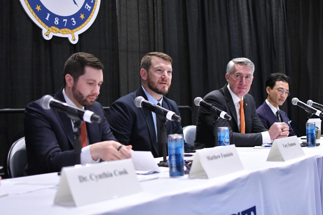 Cory Emmons, general manager of Maritime Surfaces Programs at Anduril Industries, speaks at West 2026 held in San Diego, California. Credit: Karras Photography