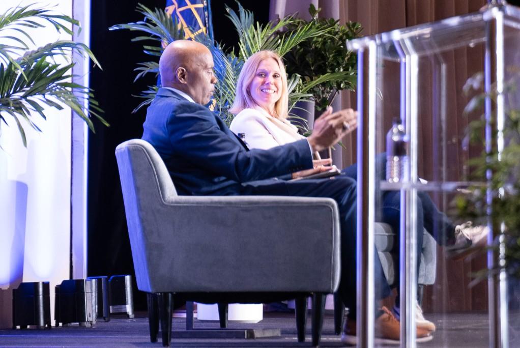 Lauren Knausenberger and Col. Mike Black, USAF (Ret.), discuss the value of artificial intelligence in military operations at the Rocky Mountain Cyberspace Symposium on February 3, 2026. Credit: Zach Watkins, LVTD Digital