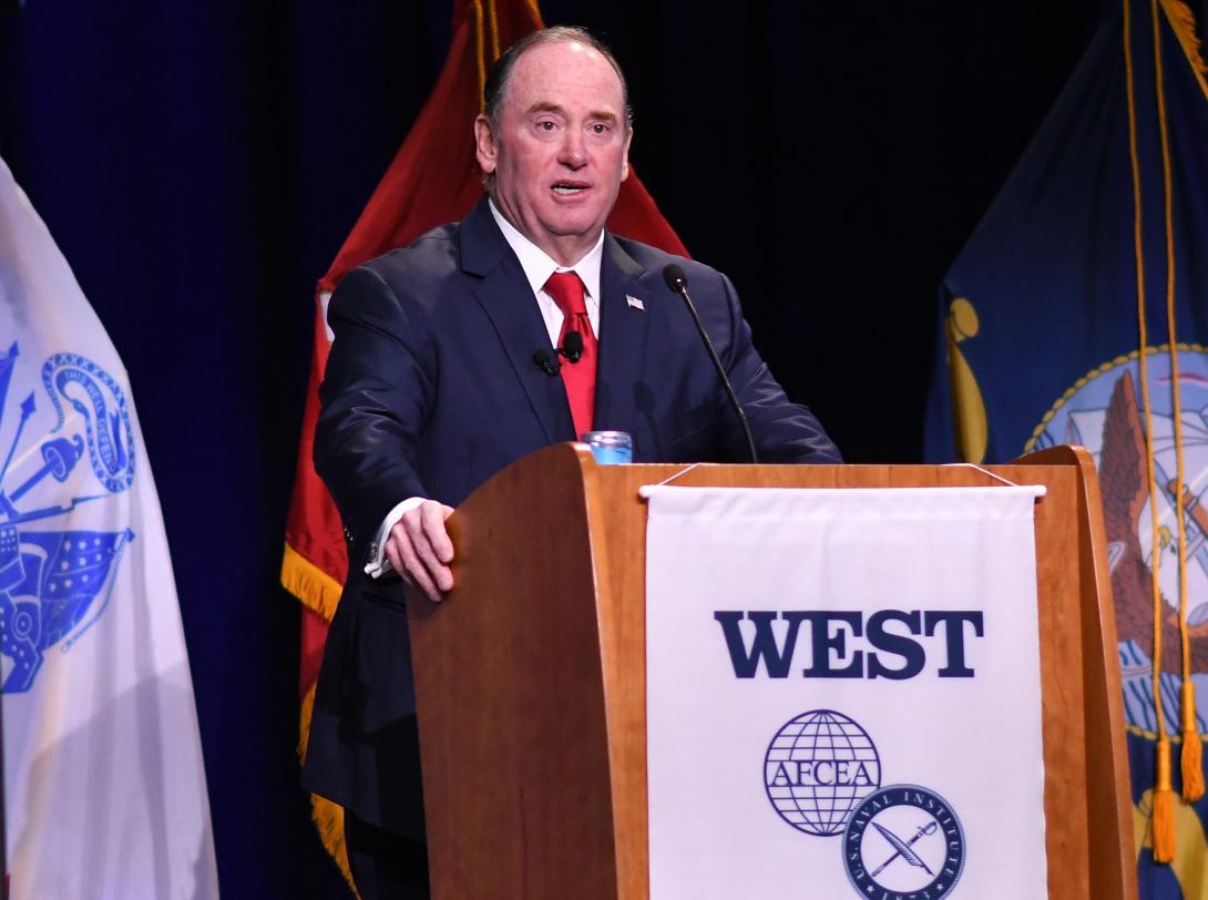 Secretary of the Navy John Phelan delivers a keynote address at WEST 2026. Credit: Karras Photography