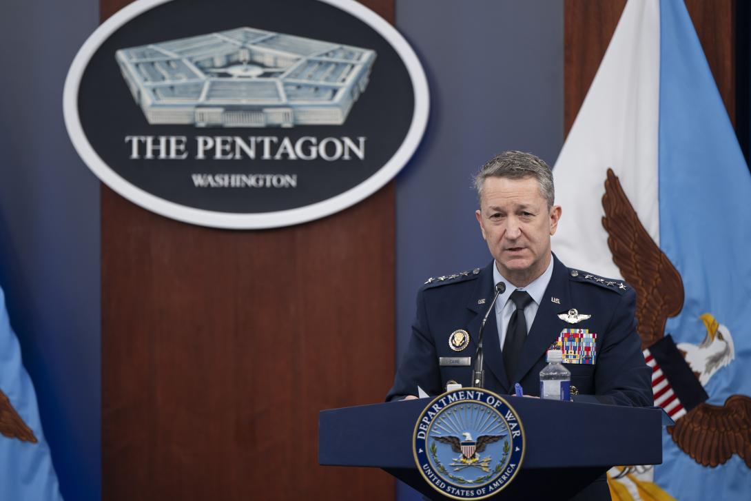 Chairman of the Joint Chiefs of Staff U.S. Air Force Gen. Dan Caine speaks during a press briefing on Operation Epic Fury at the Pentagon on March 2, 2026. Credit: DoW photo by U.S. Air Force Staff Sgt. Madelyn Keech