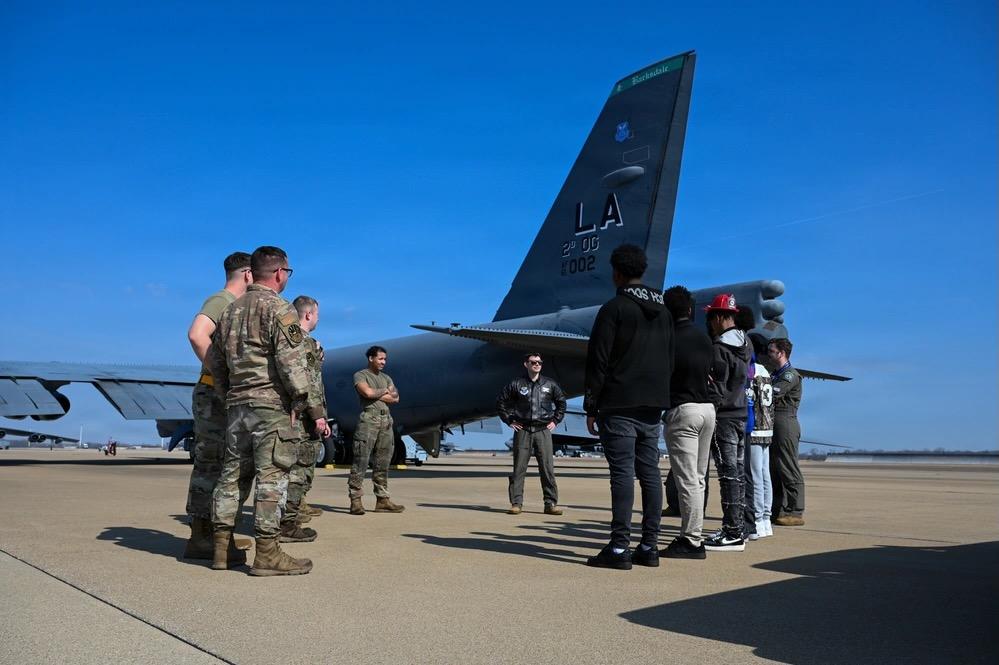  Members assigned to the 2nd Bomb Wing talk with students from the Junior Achievement of North Louisiana program about the B-52H Stratofortress during a tour at Barksdale Air Force Base, Louisiana, February 13, 2026. The Air Force has recognized the need to adapt to rapidly emerging technological capabilities for some time, but there has been very little discussion on how to do so, the author says. Credit: U.S. Air Force photo by Airman Maxwell Cunningham, 2nd Bomb Wing