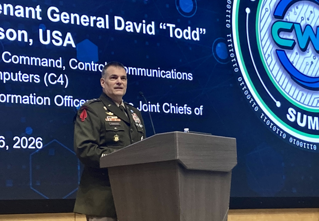 Lt. Gen. David Isaacson emphasizes the competitive nature of the cyber domain at the Cyber Workforce Summit 2.0 on March 26, 2026.