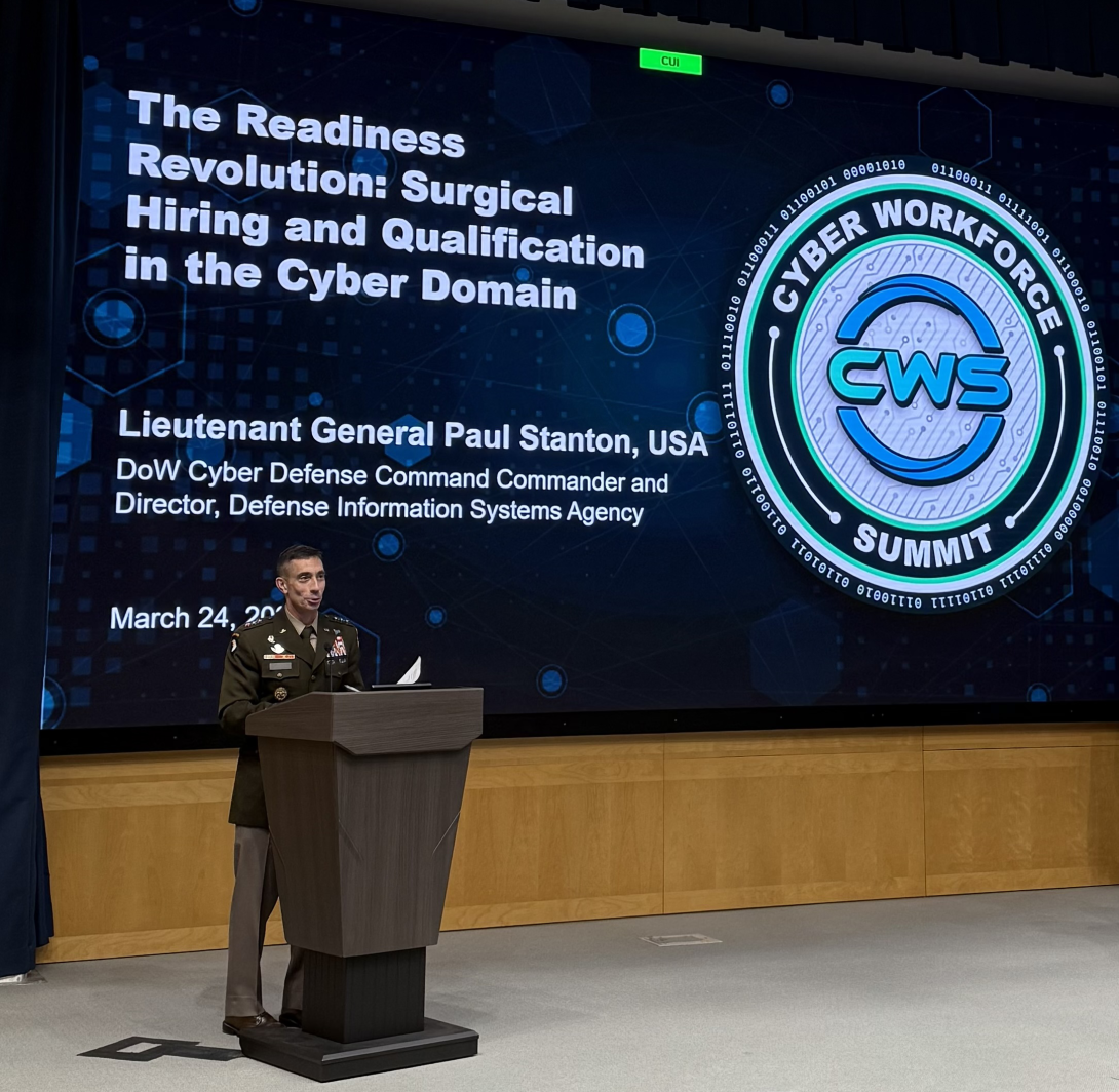 Lt. Gen. Paul Stanton, commander of the Department of War’s (DOW) Cyber Defense Command and director of DISA, speaks at the Cyber Workforce Summit held at the National Defense University in Washington, D.C.