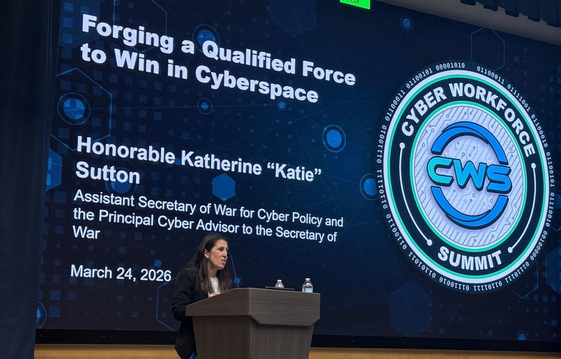 Katherine Sutton, assistant secretary of war for cyber policy and principal cyber adviser to the secretary of war, speaks at the Cyber Workforce Summit 2.0 held in Washington, D.C., on March 24, 2026.