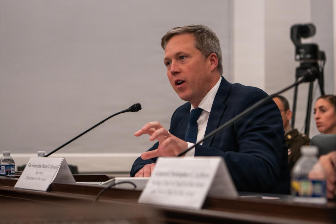 Secretary of the Army Hon. Dan Driscoll testifies on a panel in front of the House Committee on Appropriations at the U.S. Capitol in Washington, D.C. on April 16, 2026. Driscoll testified on the importance of investing in modern capabilities to ensure the U.S. Army remains the world's dominant land fighting force. Credit: U.S. Army photo by Sgt. Aaron Troutman