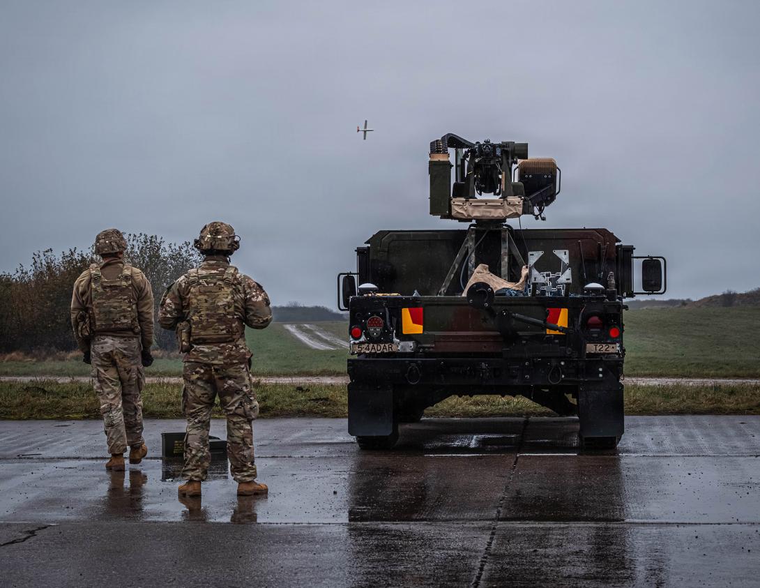 U.S. Army air defenders with 5th Battalion, 4th Air Defense Artillery Regiment, engage with a fixed-wing aerial drone target with a counter-unmanned aircraft system during Project Flytrap 4.5 in November 2025, at the Truppenübungsplatz Putlos, Germany. U.S. Army photo by Staff Sgt. Yesenia Cadavid
