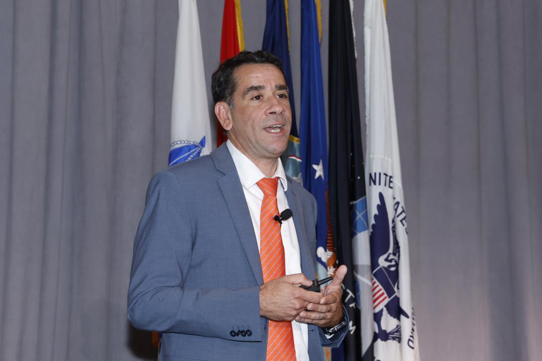 Former U.S. Army chief information officer Leonel Garciga speaks at TechNet Augusta 2023 held in Augusta, Georgia.