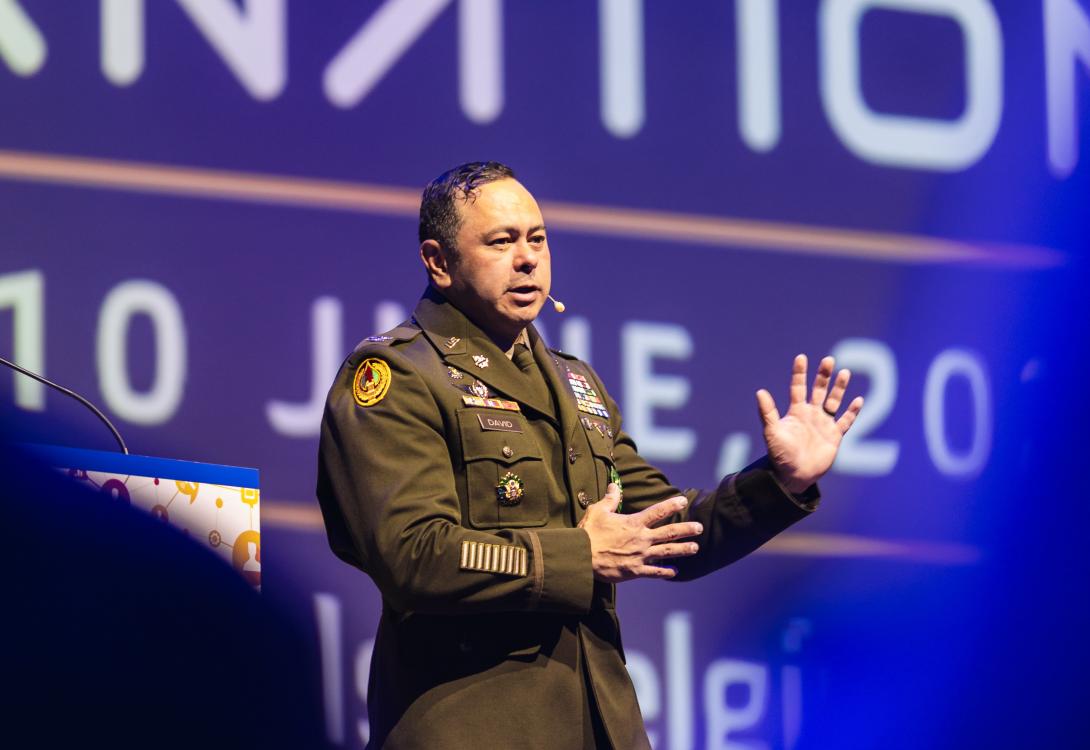 Col. Arnel David, Task Force MAVEN Director, NATO SHAPE delivered the opening keynote at TechNet International in Brussels, Belgium. Photo by Matthieu Labey Photographer.