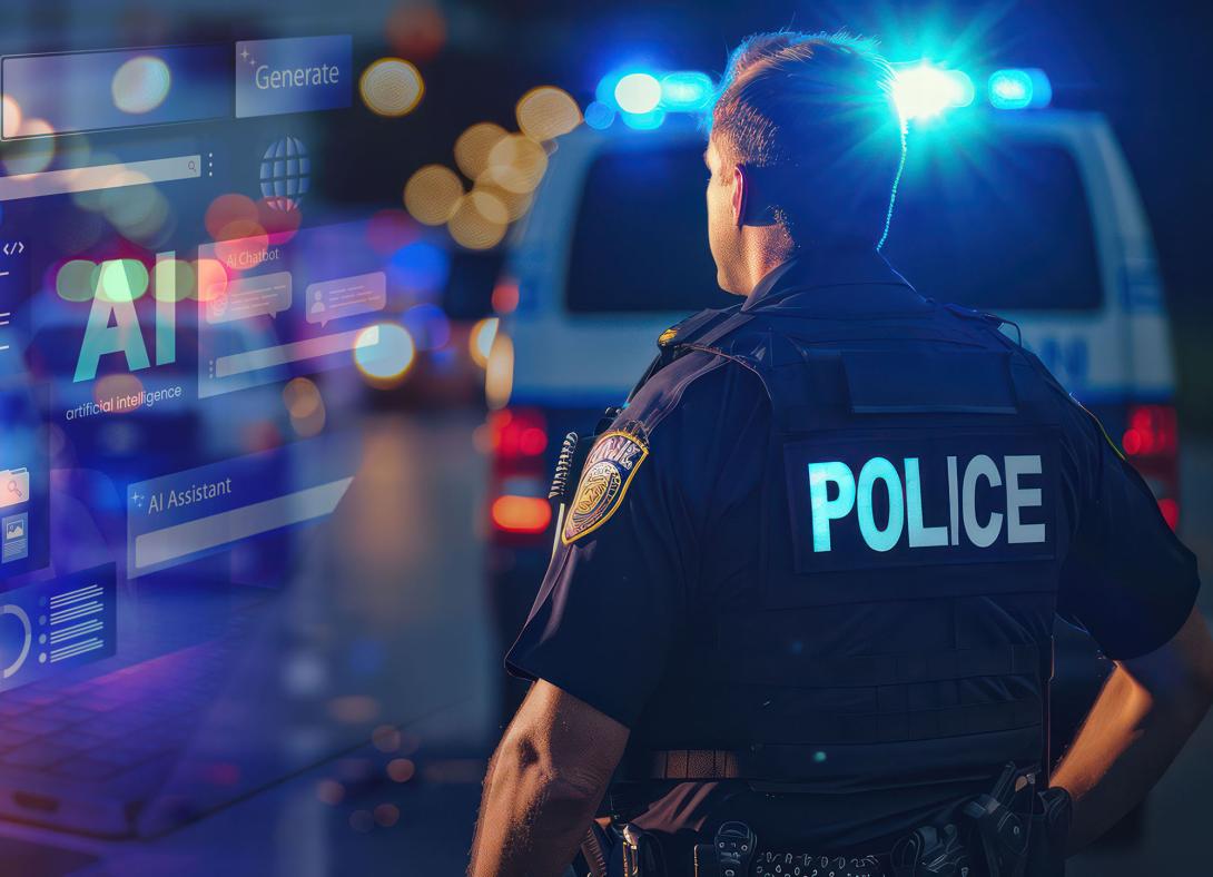 Over the last year, law enforcement organizations have been adding artificial intelligence tools in scores of use cases. Credit: Graphic designed by Chris D’Elia using Adobe Stock images by Anthony Weercut and Matthew generated with AI