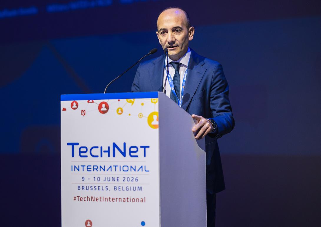 Capt. Raffaele Rotella, national technical expert at NATO Communications and Information Agency (NCIA), speaks at TechNet International 2026 in Brussels. 