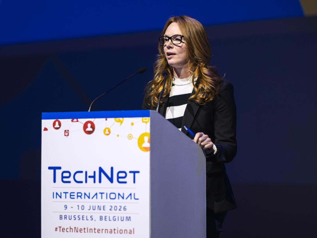 Angel Smith, president of global public sector, Virtru, speaks at TechNet International in Brussels. Credit: Pure Light Images
