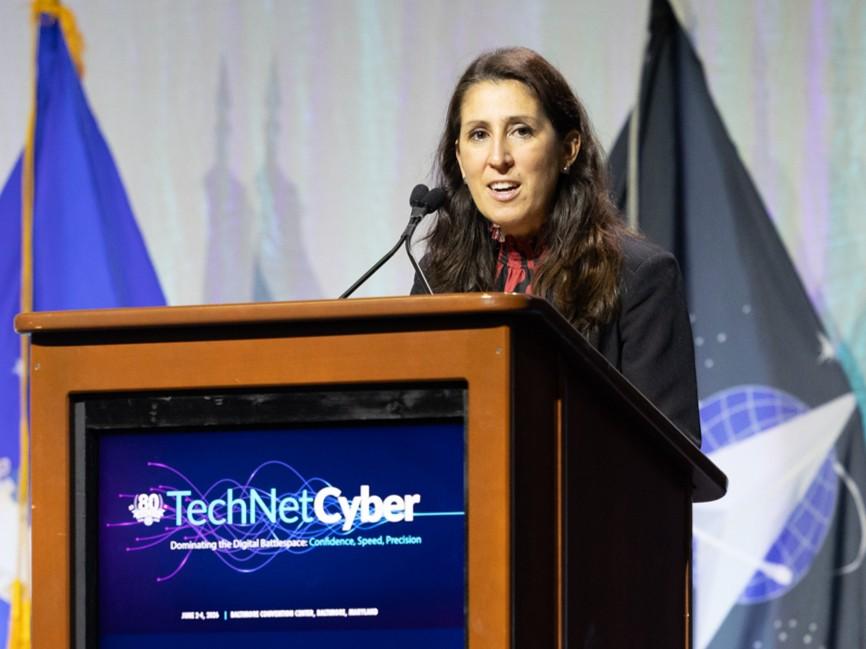 Katherine Sutton, assistant secretary of war for cyber policy and principal cyber advisor to the secretary of war, speaks at TechNet Cyber 2026 in Baltimore. Pure Light Images