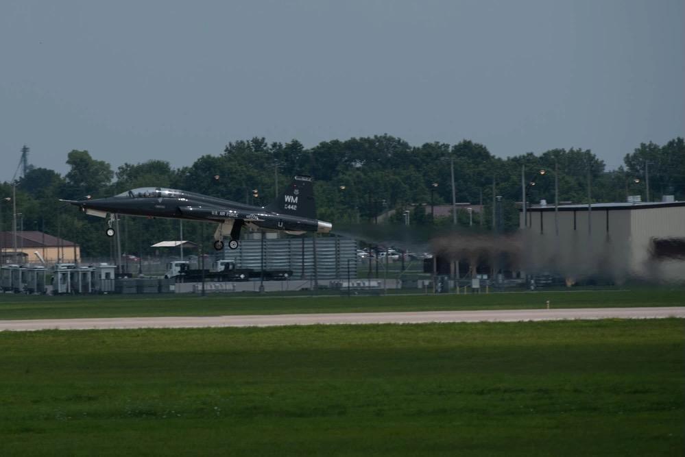 An T-38 Talon, assigned to the 509th Bomb Wing, takes off from Whiteman Air Force Base, Missouri, on July 20, 2021. As part of a pilot program, the base is examining laser weapon-based counter drone technologies.  U.S. Air Force photo by Airman 1st Class Devan Halstead