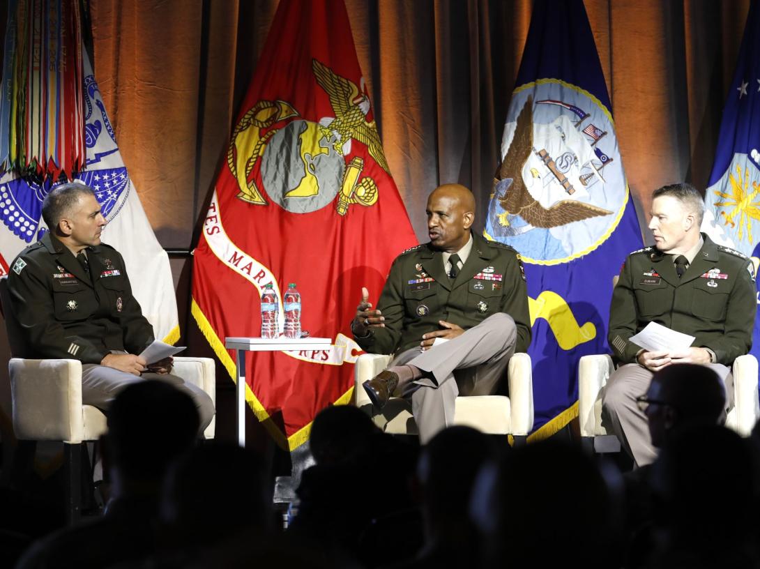 Lt. Gen. Jeth Rey, deputy chief of staff of the G-6, and Lt. Gen. Christopher Eubank, commanding general of the U.S. Army Cyber Command discuss agentic AI at TechNet Augusta on August 19,2026. Credit: Hillary Kay Studios