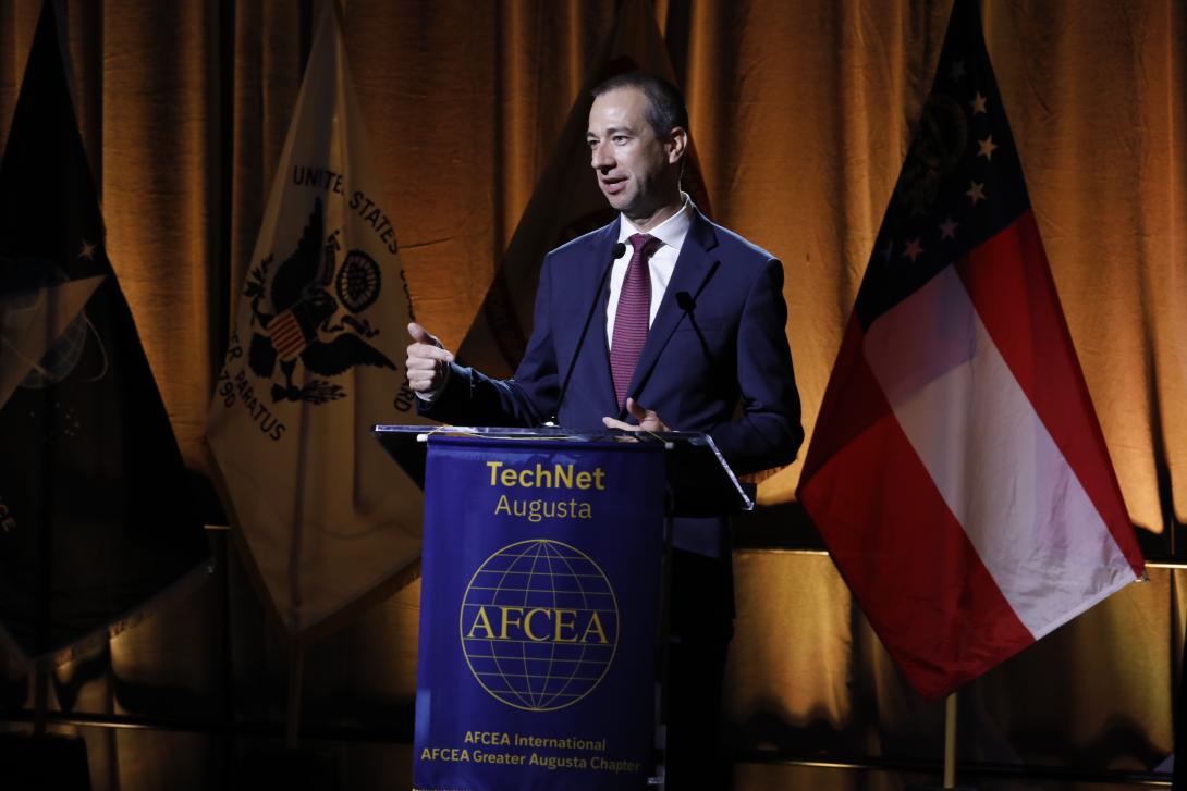 Joseph Welch, portfolio acquisition executive for C2 and Counter C2 and the executive director for Transformation and Training Command, delves into the newest updates with the U.S. Army's NGC2 ecosystem at TechNet Augusta on August 18, 2026. Credit: Hillary Kay Studios