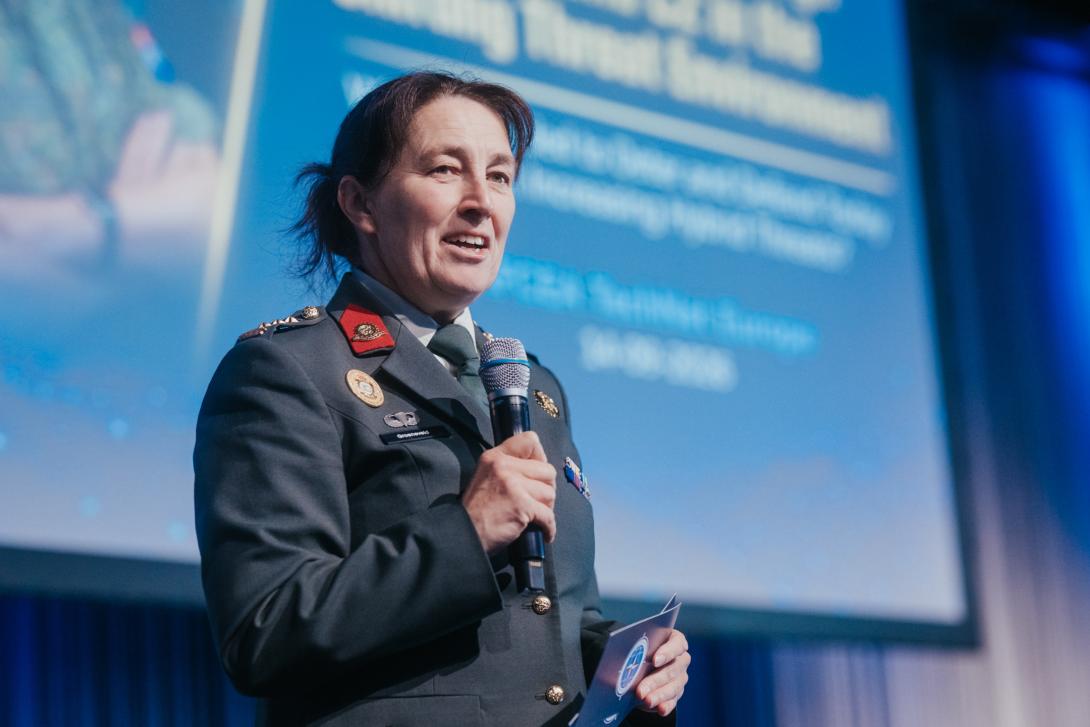 Col. Mietta Groeneveld, NLD A and director of the NATO Command and Control Center of Excellence (C2COE), speaks at TechNet Europe 2026 in Berlin. Credit: Robin Wulff