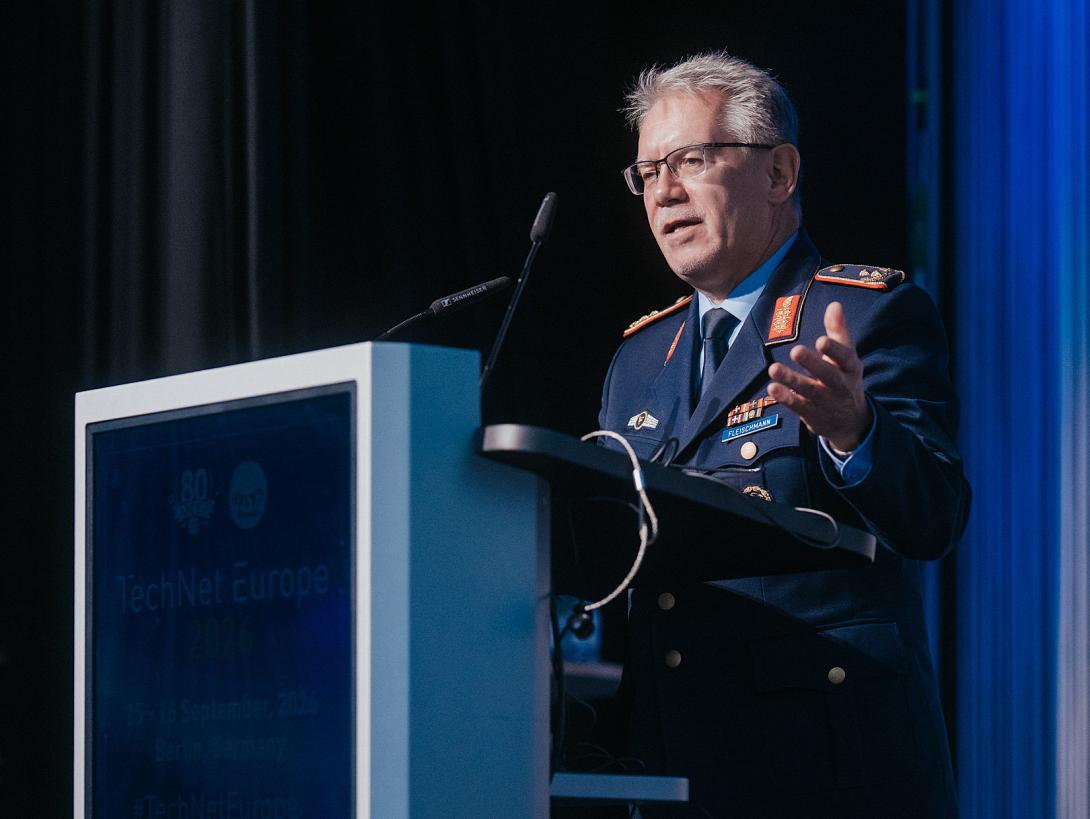 Maj. Gen. Armin Fleischmann, DEU AF, commander of the Cyber and Information Domain (CID) Support Forces and deputy chief of staff of the Capabilities CID Command at the Ministry of Defence in Germany, addresses TechNet Europe 2026 in Berlin. Credit: Robin Wulff
