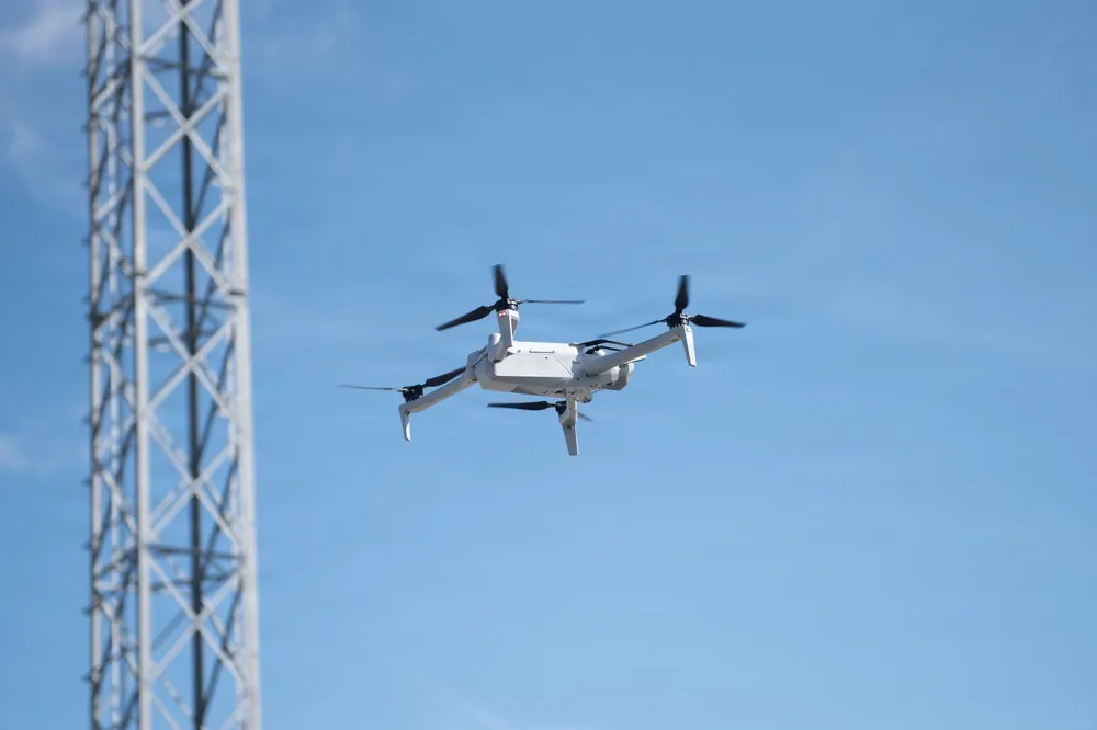 A DJI Mavic 3 drone flies in the air at Summit Point Training Facility, West Virginia, February 24, 2026 during a visit from members of Joint Interagency Task Force-401. The task force, one year since it was established to rapidly advance counter-drone solutions, awarded a $7 billion series of industry contracts on September 28. Credit: U.S. Air Force 2nd Lt. Maria Grace, 316th Wing.
