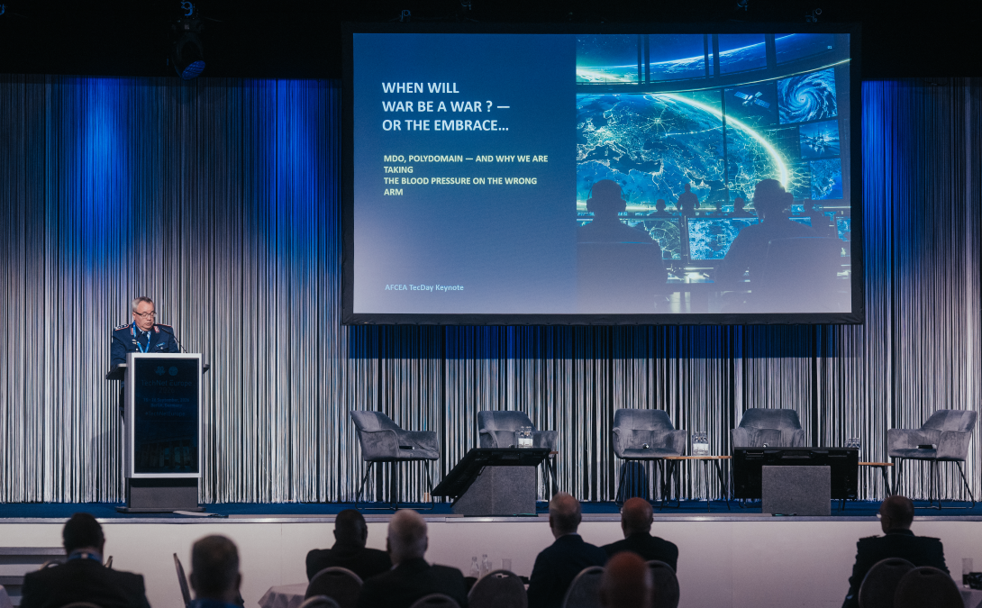 Col. Sönke Marahrens, German Cyber Force, branch head, German Center for Digitization of the Armed Forces, speaks at TechNet Europe in Berlin. Credit: Robin Wulff
