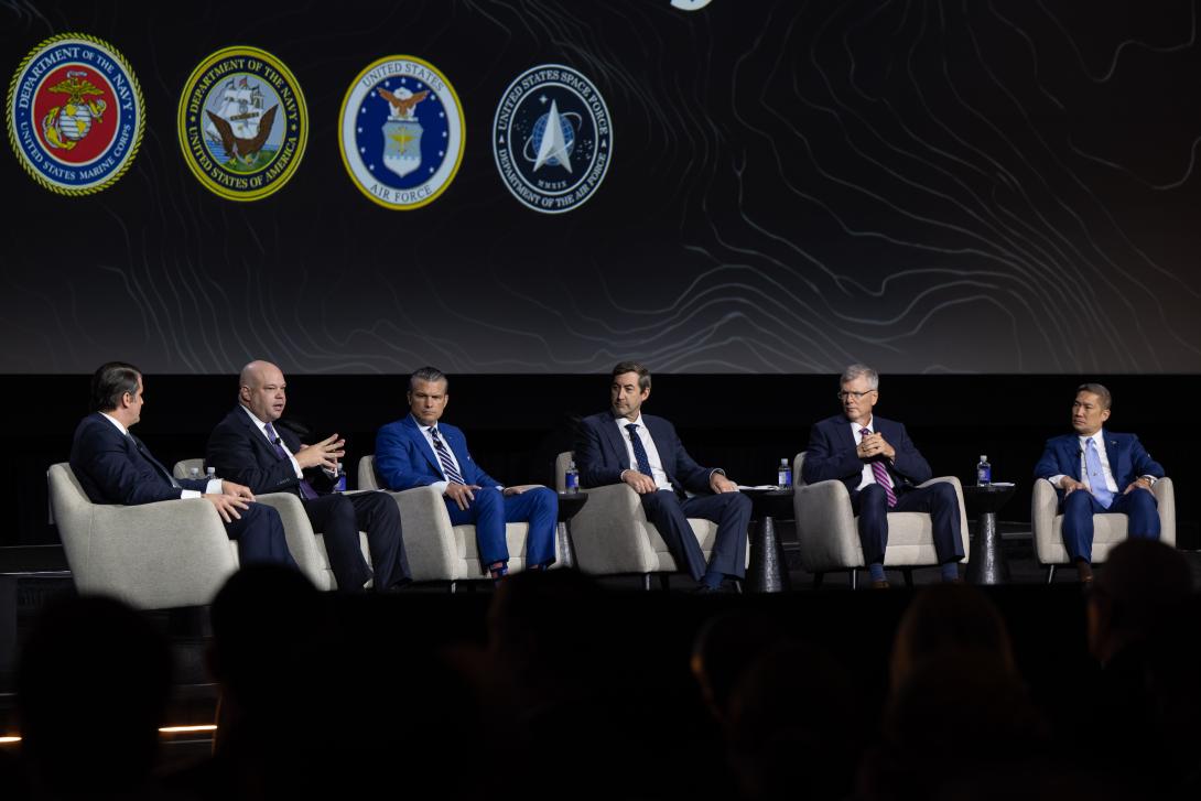 Secretary of War Pete Hegseth headlines a panel discussing Project Agincourt at the annual AUSA Meeting & Exhibition in Washington, D.C. on Oct. 14, 2026. Credit: U.S. Air Force Staff Sgt. Madelyn Keech