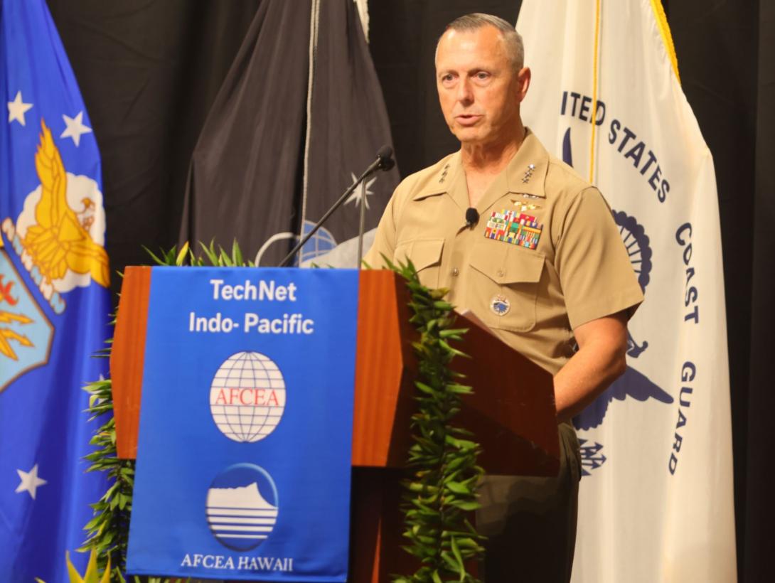 Lt. Gen. George B. Rowell IV, USMC, USPACOM deputy commander, delivers the closing keynote address at TechNet Indo-Pacific 2026 in Honolulu, Hawaii. Credit: Artistic Mindz Photography